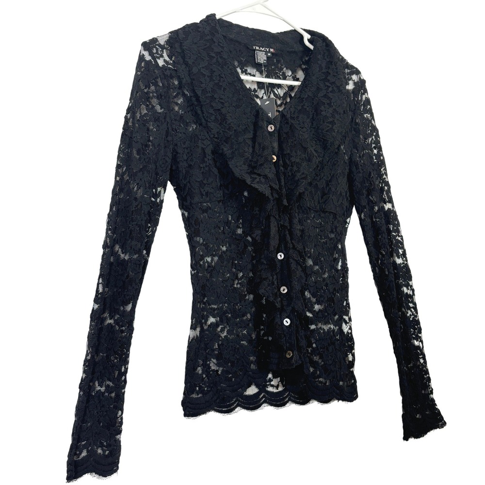 Lace Ruffle Cardigan Black Sheer Victorian Goth Whimsigoth Dark Fairy Women M